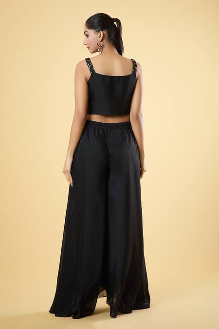 Shop_Samyukta Singhania_Black Georgette Sequins Square , Open Embroidered Jacket Pant Set