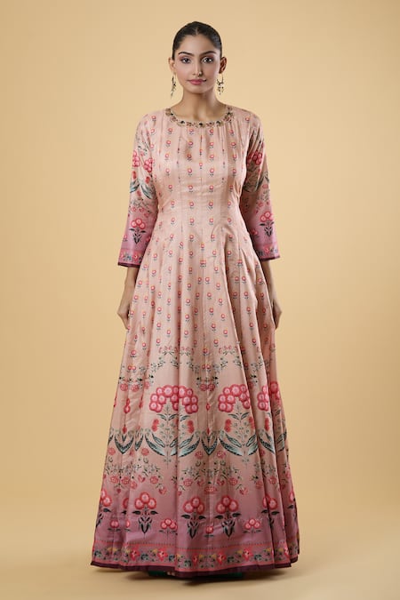 Samyukta Singhania_Pink Chiffon Embroidery Round Neck Floral Pattern Anarkali With Dupatta _Online_at_Aza_Fashions