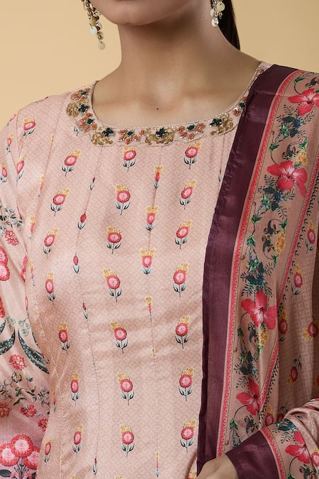 Buy_Samyukta Singhania_Pink Chiffon Embroidery Round Neck Floral Pattern Anarkali With Dupatta _Online_at_Aza_Fashions