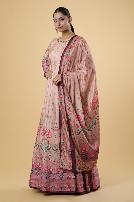 Shop_Samyukta Singhania_Pink Chiffon Embroidery Round Neck Floral Pattern Anarkali With Dupatta _Online_at_Aza_Fashions