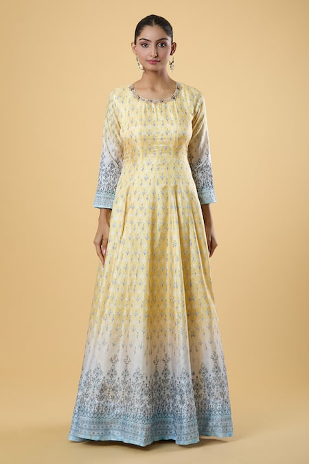 Samyukta Singhania_Yellow Silk, Chiffon Embroidery Floral Digital Pattern Anarkali With Dupatta _Online_at_Aza_Fashions