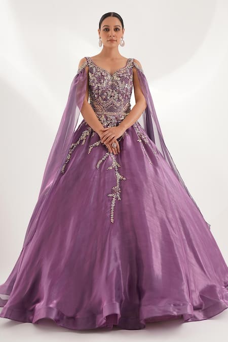 Chaashni by Maansi and Ketan Purple Organza Embroidered Sequin V-neck Cape Sleeves Flared Gown 