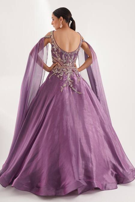 Shop Chaashni By Maansi And Ketan Purple Organza Sequins, Cut Work, Pearls Embroidered Cape Sleeves Flared Gown at Aza Fashions Shop_Chaashni By Maansi And Ketan_Purple Organza Sequins, Cut Work, Pearls Embroidered Cape Sleeves Flared Gown _at_Aza_Fashions