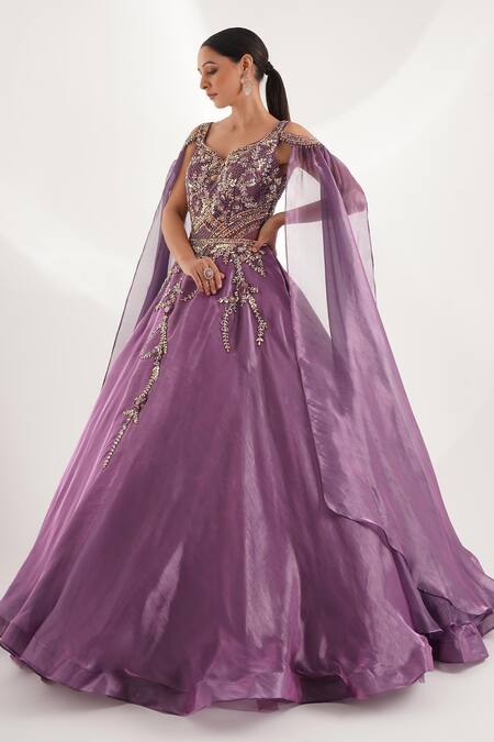 Chaashni By Maansi And Ketan Purple Organza Sequins, Cut Work, Pearls Embroidered Cape Sleeves Flared Gown Online at Aza Fashions Chaashni By Maansi And Ketan_Purple Organza Sequins, Cut Work, Pearls Embroidered Cape Sleeves Flared Gown _Online_at_Aza_Fashions