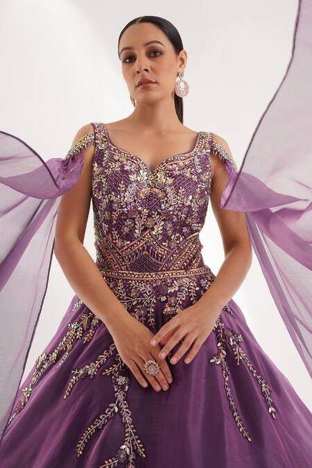 Buy Chaashni By Maansi And Ketan Purple Organza Sequins, Cut Work, Pearls Embroidered Cape Sleeves Flared Gown Online at Aza Fashions Buy_Chaashni By Maansi And Ketan_Purple Organza Sequins, Cut Work, Pearls Embroidered Cape Sleeves Flared Gown _Online_at_Aza_Fashions