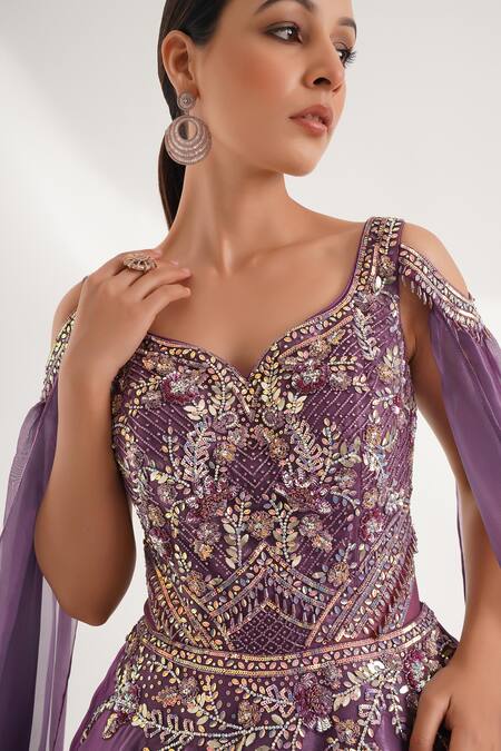 Shop Chaashni By Maansi And Ketan Purple Organza Sequins, Cut Work, Pearls Embroidered Cape Sleeves Flared Gown Online at Aza Fashions Shop_Chaashni By Maansi And Ketan_Purple Organza Sequins, Cut Work, Pearls Embroidered Cape Sleeves Flared Gown _Online_at_Aza_Fashions