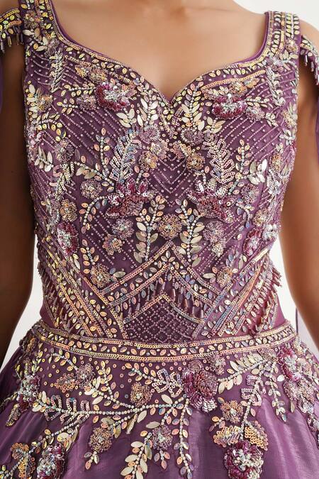 Chaashni By Maansi And Ketan Purple Organza Sequins, Cut Work, Pearls Embroidered Cape Sleeves Flared Gown at Aza Fashions Chaashni By Maansi And Ketan_Purple Organza Sequins, Cut Work, Pearls Embroidered Cape Sleeves Flared Gown _at_Aza_Fashions