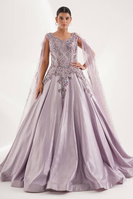 Chaashni By Maansi And Ketan Purple Silk Sequins, Pearls, Cut Work Sweetheart Neck Embroidered Gown Online at Aza Fashions Chaashni By Maansi And Ketan_Purple Silk Sequins, Pearls, Cut Work Sweetheart Neck Embroidered Gown_Online_at_Aza_Fashions