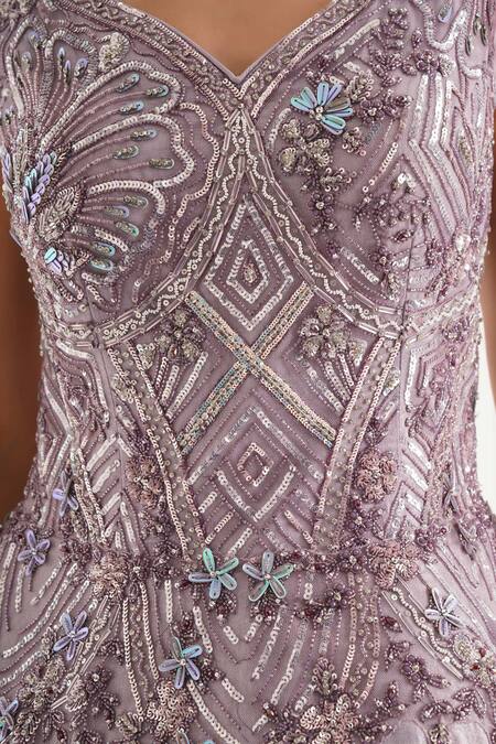 Chaashni By Maansi And Ketan Purple Silk Sequins, Pearls, Cut Work Sweetheart Neck Embroidered Gown at Aza Fashions Chaashni By Maansi And Ketan_Purple Silk Sequins, Pearls, Cut Work Sweetheart Neck Embroidered Gown_at_Aza_Fashions