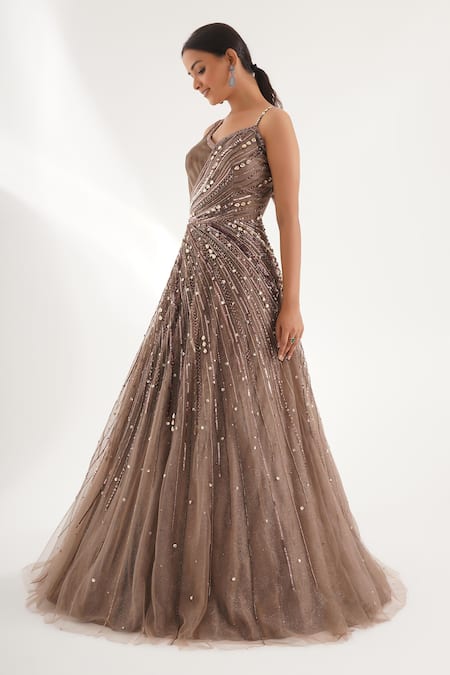 Chaashni By Maansi And Ketan Brown Net, Velvet Pearls, Sequins Asymmetric Gradient Embroidered Gown Online at Aza Fashions Chaashni By Maansi And Ketan_Brown Net, Velvet Pearls, Sequins Asymmetric Gradient Embroidered Gown _Online_at_Aza_Fashions