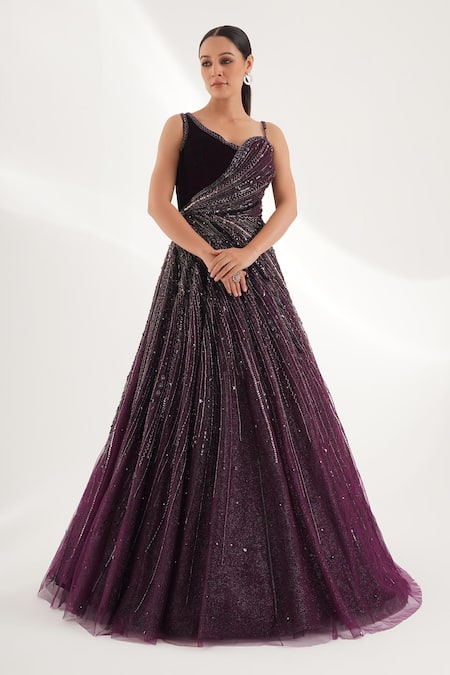 Chaashni By Maansi And Ketan Purple Net, Velvet Pearls, Stones Asymmetric Beads Gradient Embroidered Gown 