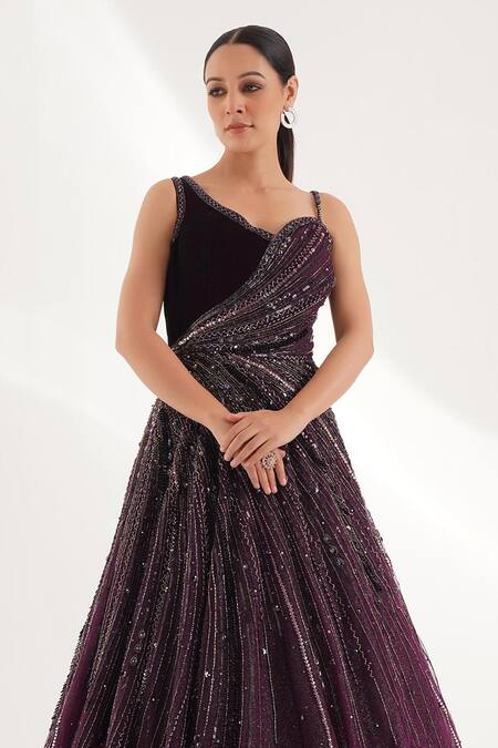 Buy Chaashni By Maansi And Ketan Purple Net, Velvet Pearls, Stones Asymmetric Beads Gradient Embroidered Gown Online at Aza Fashions Buy_Chaashni By Maansi And Ketan_Purple Net, Velvet Pearls, Stones Asymmetric Beads Gradient Embroidered Gown _Online_at_Aza_Fashions