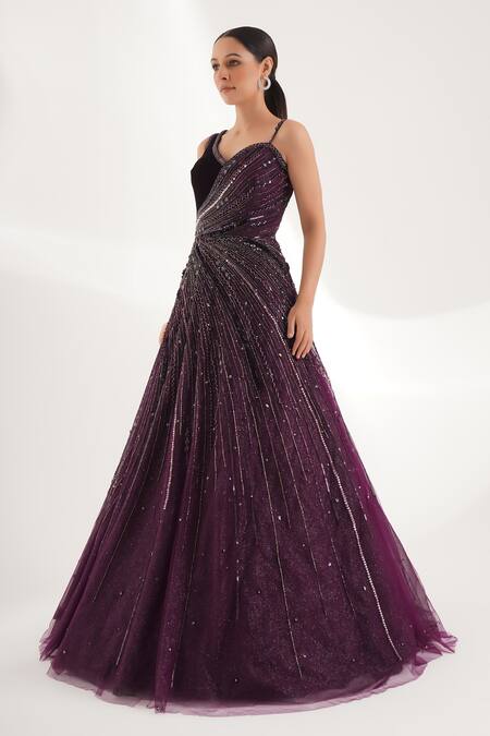 Shop Chaashni By Maansi And Ketan Purple Net, Velvet Pearls, Stones Asymmetric Beads Gradient Embroidered Gown Online at Aza Fashions Shop_Chaashni By Maansi And Ketan_Purple Net, Velvet Pearls, Stones Asymmetric Beads Gradient Embroidered Gown _Online_at_Aza_Fashions