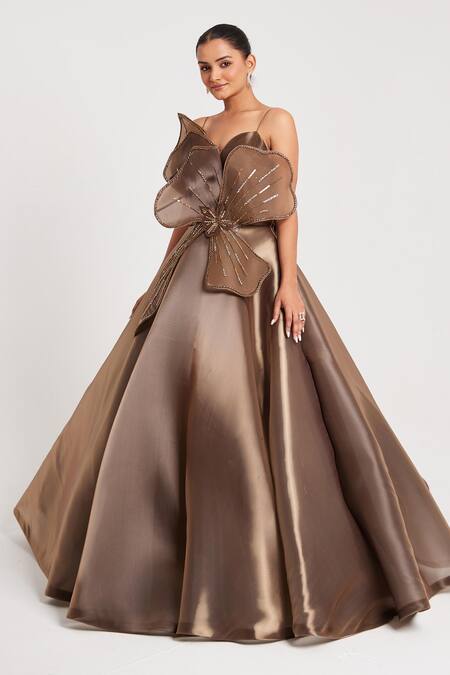 Buy_Chaashni By Maansi And Ketan_Brown Organza Sequins, Applique Sweetheart Neck Nalki Embroidered Gown _Online_at_Aza_Fashions