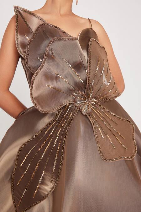 Shop_Chaashni By Maansi And Ketan_Brown Organza Sequins, Applique Sweetheart Neck Nalki Embroidered Gown _Online_at_Aza_Fashions