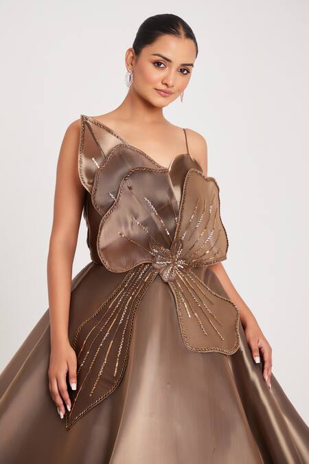 Chaashni By Maansi And Ketan_Brown Organza Sequins, Applique Sweetheart Neck Nalki Embroidered Gown _at_Aza_Fashions