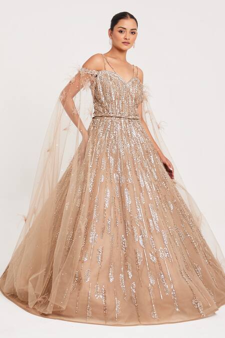 Shop_Chaashni By Maansi And Ketan_Gold Net, Tissue Sequins, Beads, Cut Work Sweetheart Cutdana Embroidered Gown _Online_at_Aza_Fashions