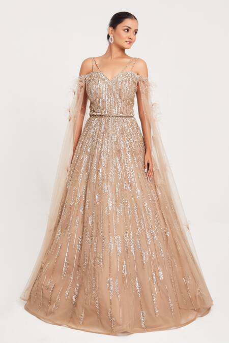 Chaashni By Maansi And Ketan_Gold Net, Tissue Sequins, Beads, Cut Work Sweetheart Cutdana Embroidered Gown _at_Aza_Fashions