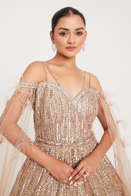 Buy_Chaashni By Maansi And Ketan_Gold Net, Tissue Sequins, Beads, Cut Work Sweetheart Cutdana Embroidered Gown 