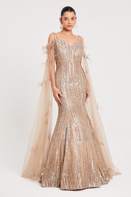 Buy_Chaashni By Maansi And Ketan_Gold Net, Tissue Sequins, Beads, Cut Work Cutdana Embroidered Fish Gown _Online_at_Aza_Fashions