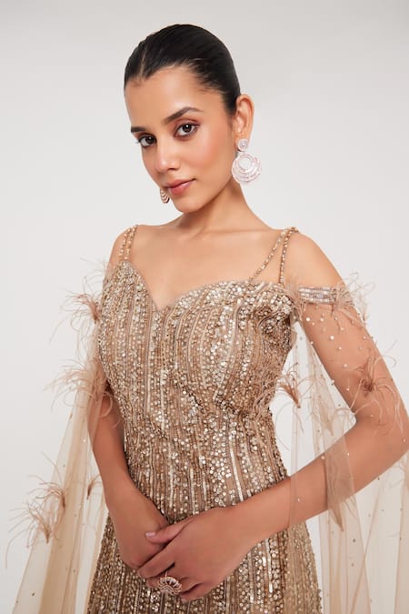 Shop_Chaashni By Maansi And Ketan_Gold Net, Tissue Sequins, Beads, Cut Work Cutdana Embroidered Fish Gown _Online_at_Aza_Fashions