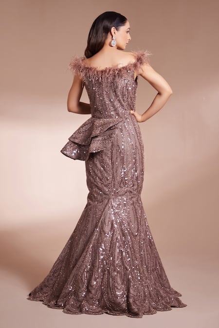 Shop Chaashni By Maansi And Ketan Brown Silk, Net Sequins, Pearls Off-shoulder Bead Embroidered Fish Cut Gown at Aza Fashions Shop_Chaashni By Maansi And Ketan_Brown Silk, Net Sequins, Pearls Off-shoulder Bead Embroidered Fish Cut Gown _at_Aza_Fashions
