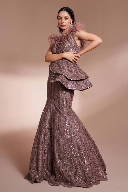 Chaashni By Maansi And Ketan Brown Silk, Net Sequins, Pearls Off-shoulder Bead Embroidered Fish Cut Gown Online at Aza Fashions Chaashni By Maansi And Ketan_Brown Silk, Net Sequins, Pearls Off-shoulder Bead Embroidered Fish Cut Gown _Online_at_Aza_Fashions