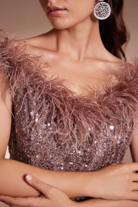 Buy Chaashni By Maansi And Ketan Brown Silk, Net Sequins, Pearls Off-shoulder Bead Embroidered Fish Cut Gown Online at Aza Fashions Buy_Chaashni By Maansi And Ketan_Brown Silk, Net Sequins, Pearls Off-shoulder Bead Embroidered Fish Cut Gown _Online_at_Aza_Fashions