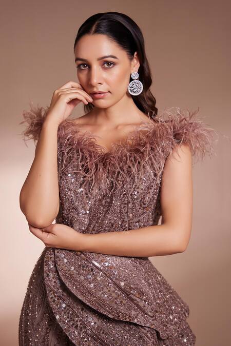 Shop Chaashni By Maansi And Ketan Brown Silk, Net Sequins, Pearls Off-shoulder Bead Embroidered Fish Cut Gown Online at Aza Fashions Shop_Chaashni By Maansi And Ketan_Brown Silk, Net Sequins, Pearls Off-shoulder Bead Embroidered Fish Cut Gown _Online_at_Aza_Fashions