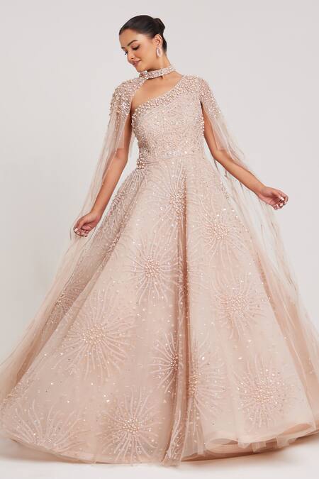 Chaashni By Maansi And Ketan_Beige Net Pearls, Zari Asymmetric Zircon Embroidered Gown_Online_at_Aza_Fashions