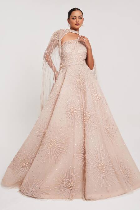 Buy_Chaashni By Maansi And Ketan_Beige Net Pearls, Zari Asymmetric Zircon Embroidered Gown_Online_at_Aza_Fashions