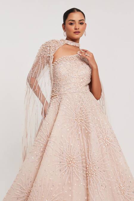 Shop_Chaashni By Maansi And Ketan_Beige Net Pearls, Zari Asymmetric Zircon Embroidered Gown_Online_at_Aza_Fashions