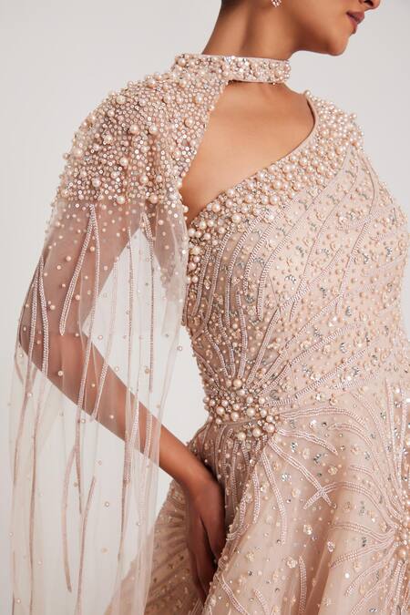 Chaashni By Maansi And Ketan_Beige Net Pearls, Zari Asymmetric Zircon Embroidered Gown_at_Aza_Fashions