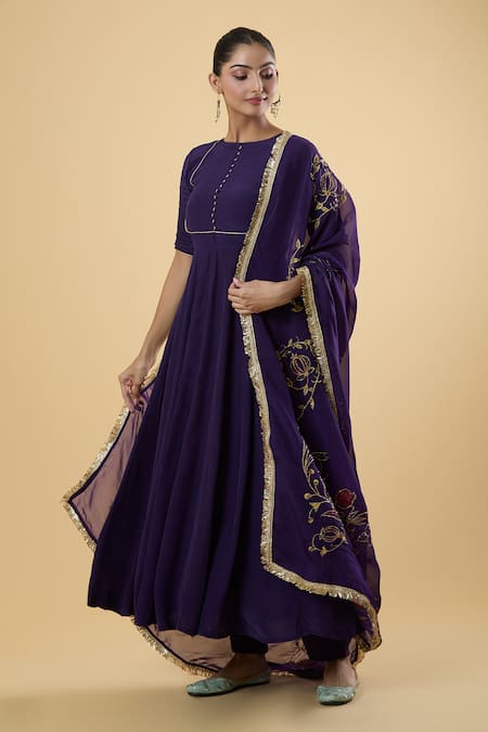 Shop_Naintara Bajaj_Purple Crepe Round Neck Ujjwala Anarkali Set With Hand Painted Dupatta _Online_at_Aza_Fashions