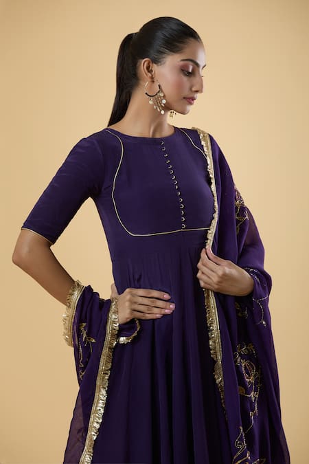 Naintara Bajaj_Purple Crepe Round Neck Ujjwala Anarkali Set With Hand Painted Dupatta _at_Aza_Fashions