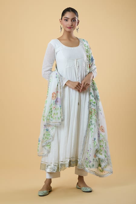 Shop_Samyukta Singhania_White Cotton Gota Patti, Embroidery Round Neck Parina Embellished Anarkali Set _Online_at_Aza_Fashions
