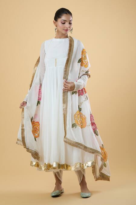 Adara Khan_White Organza Embroidery, Embellished Anarkali Set With Hand Painted Dupatta _Online_at_Aza_Fashions