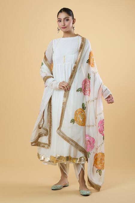 Buy_Adara Khan_White Organza Embroidery, Embellished Anarkali Set With Hand Painted Dupatta _Online_at_Aza_Fashions