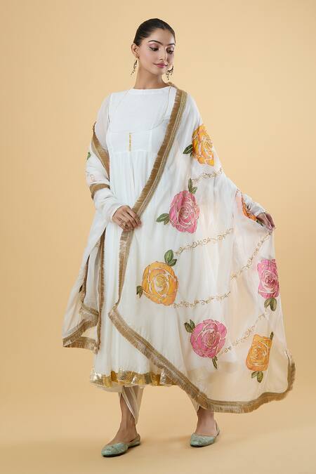 Shop_Adara Khan_White Organza Embroidery, Embellished Anarkali Set With Hand Painted Dupatta _Online_at_Aza_Fashions