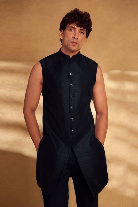 Shop_Aariyana Couture_Black Silk Embroidery Woven Floral Jacket Kurta Set