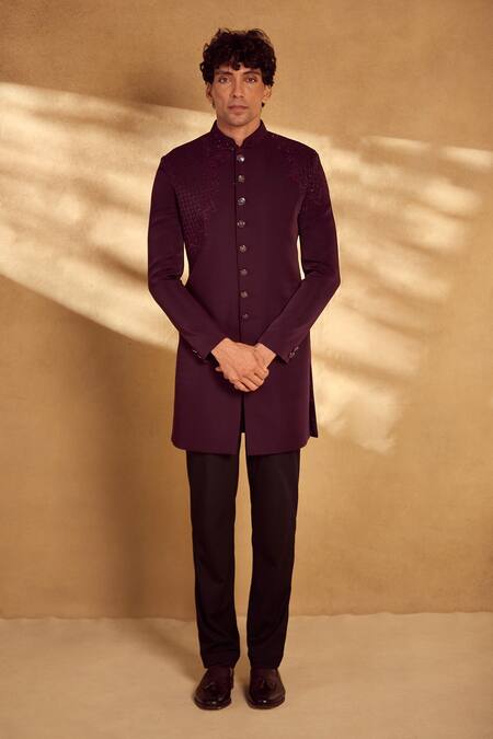 Shop Aariyana Couture Maroon , Satin Beads, Sequins Geometric Embellished Sherwani With Pant at Aza Fashions Shop_Aariyana Couture_Maroon , Satin Beads, Sequins Geometric Embellished Sherwani With Pant_at_Aza_Fashions