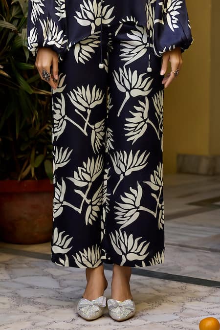 Baaro Masi_Black Modal, Satin Beads Split V-neck Floral Print Top And Pant Set _Online_at_Aza_Fashions