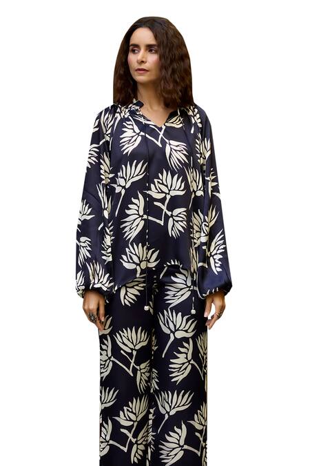 Buy_Baaro Masi_Black Modal, Satin Beads Split V-neck Floral Print Top And Pant Set _Online_at_Aza_Fashions