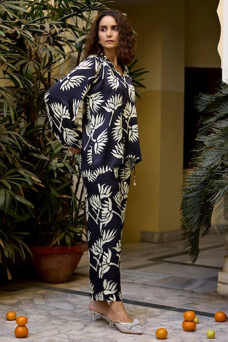 Shop_Baaro Masi_Black Modal, Satin Beads Split V-neck Floral Print Top And Pant Set _Online_at_Aza_Fashions