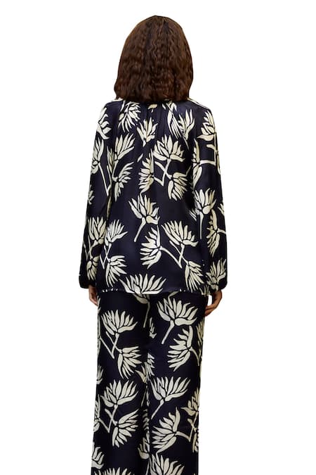 Baaro Masi_Black Modal, Satin Beads Split V-neck Floral Print Top And Pant Set _at_Aza_Fashions