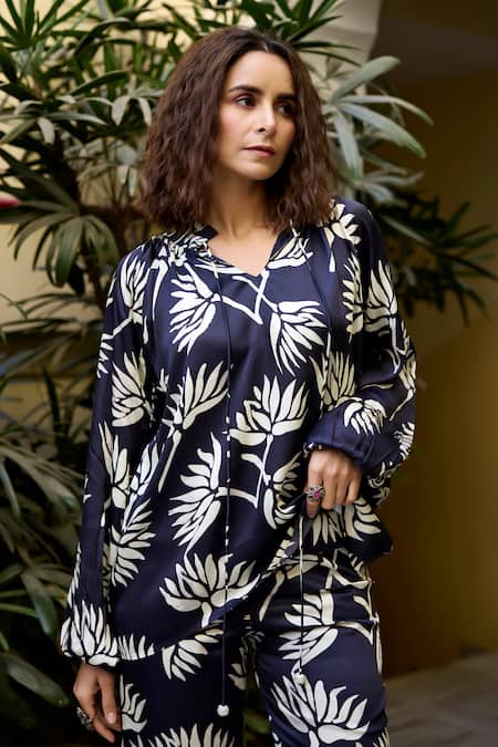 Buy_Baaro Masi_Black Modal, Satin Beads Split V-neck Floral Print Top And Pant Set 