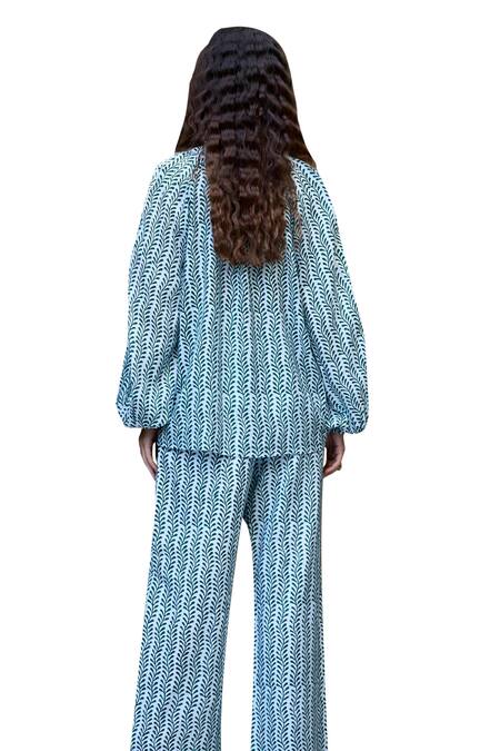 Buy_Baaro Masi_Blue Muslin Beads Split V-neck Leaf Print Top And Pant Set _Online_at_Aza_Fashions
