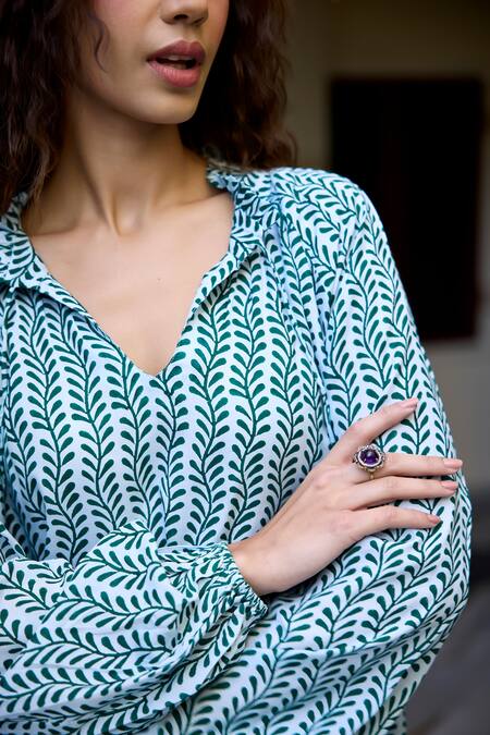 Shop_Baaro Masi_Blue Muslin Beads Split V-neck Leaf Print Top And Pant Set _Online_at_Aza_Fashions