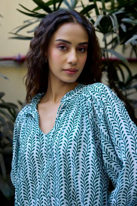 Baaro Masi_Blue Muslin Beads Split V-neck Leaf Print Top And Pant Set _at_Aza_Fashions