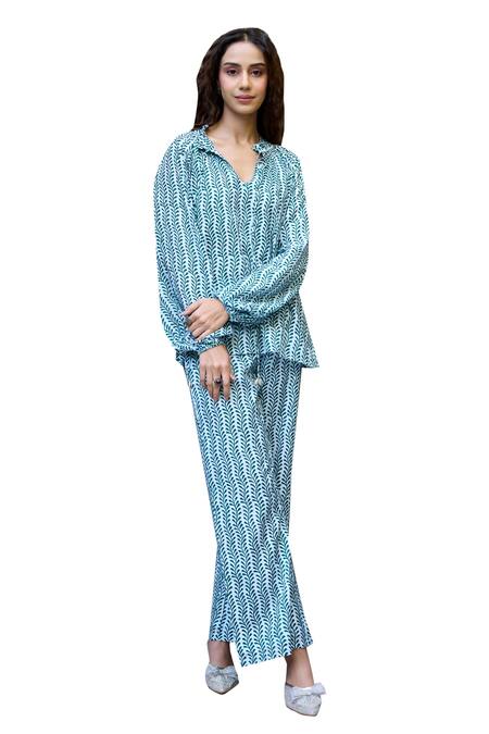 Shop_Baaro Masi_Blue Muslin Beads Split V-neck Leaf Print Top And Pant Set 